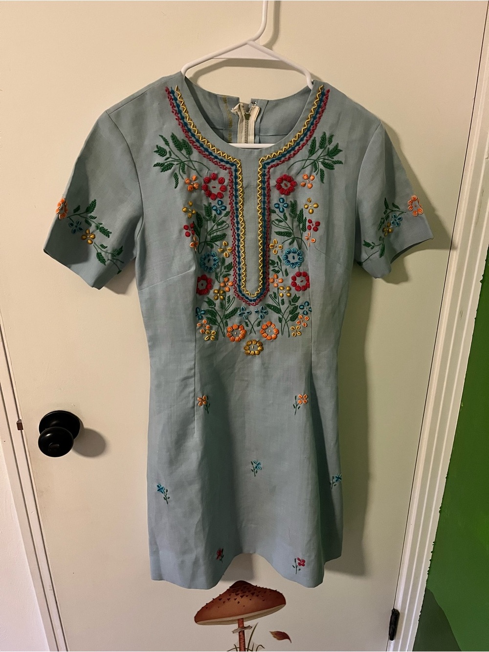 Vintage Embroidered Light Blue Mini Dress
